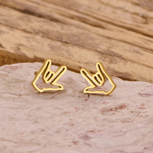 Golden hand sign earrings in minimalist heart gesture on stone, high-quality steel jewelry