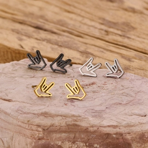 Hand gesture stud earrings set in silver, gold, and black stainless steel for women