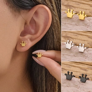 Crown Stud Earrings Stainless Steel Minimalist Chic Small Elegant Jewelry For Women Daily Wear Gold Silver Black Colors