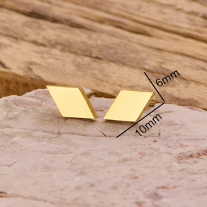 Polished gold stainless steel geometric rhombus stud earrings measuring 10mm by 6mm