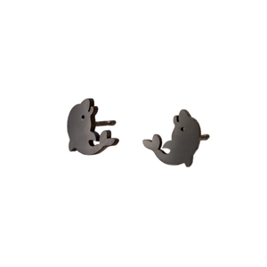 Minimalist black polished dolphin stud earrings made of stainless steel for daily wear