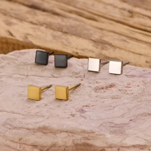 Minimalist square geometric stud earring set in black, silver, and gold stainless steel