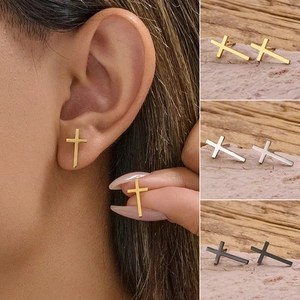 Stainless Steel Cross Stud Earrings Minimalist Geometric Chic Punk Hip Hop Ear Jewelry For Women Men
