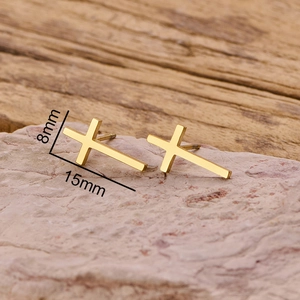 Polished gold stainless steel cross stud earrings measuring 15mm by 8mm for men and women