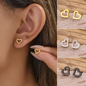 Boucles D'Oreilles Puces Cœur Évidé Minimalistes Acier Inoxydable Géométriques Plaquées Or Bijoux Pour Femmes Mode
