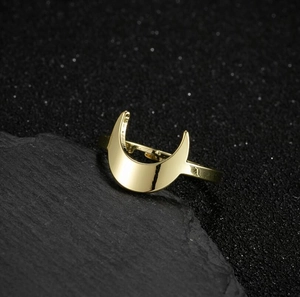 Adjustable minimalist stainless steel crescent moon ring with polished gold finish