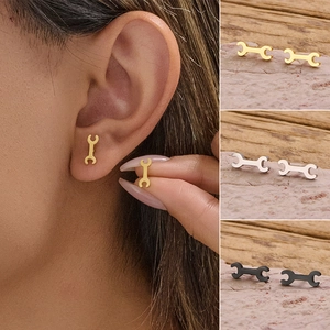 Wrench Stud Earrings Stainless Steel Industrial Punk Gothic Minimalist Tiny Spanner Novelty Jewelry For Women Men