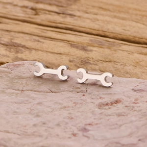 Gothic punk mini wrench earrings made of polished stainless steel for a unique industrial look
