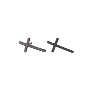 Minimalist matte black stainless steel cross stud earrings shown on white background