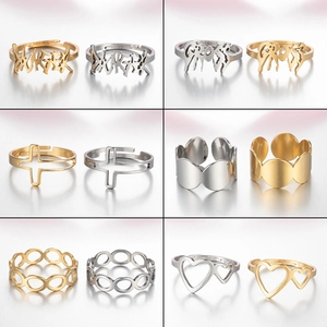 Irregular Stainless Steel Open Adjustable Rings Gothic Punk Heart Cross Geometric Jewelry For Women Men