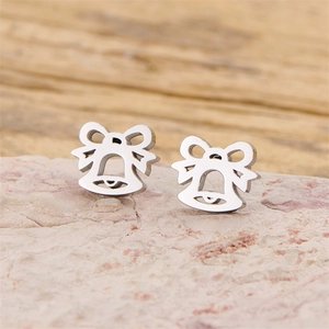 Minimalist silver stainless steel stud earrings featuring butterfly bow and bell charms