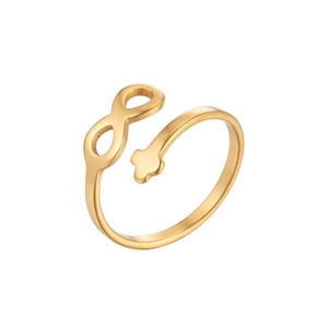 Adjustable golden stainless steel ring featuring infinity symbol and cross design
