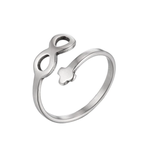 Adjustable silver stainless steel open ring with infinity symbol and small cross charms