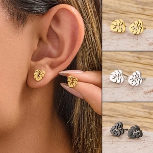Monstera Leaf Stud Earrings Stainless Steel Hollow Tropical Plant Minimalist Bohemian Style Jewelry For Women