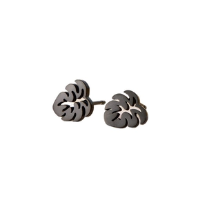Minimalist black matte stainless steel hollow monstera leaf stud earrings for women