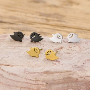 Cartoon ghost stud earrings set in black, silver, and gold stainless steel on pink stone
