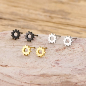 Set of 3 pairs industrial gear stud earrings in black gold and silver stainless steel