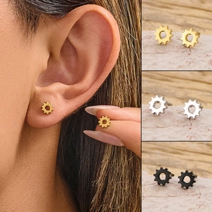 Industrial Gear Shaped Stud Earrings Stainless Steel Punk Style Geometric Minimalist Jewelry For Women Men