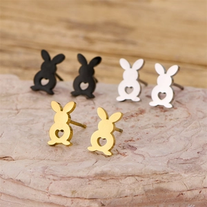 Hollow rabbit stud earrings with heart detail in gold, silver, and black finish
