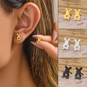 Rabbit Stud Earrings Stainless Steel Cute Heart Hollow Out Animal Ear Jewelry For Women Girls Minimalist