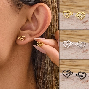 Heart Key Stud Earrings Stainless Steel Hollow Geometric Elegant Jewelry For Women Fashion Minimalist Accessories
