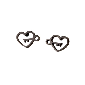 Minimalist 18K stainless steel heart stud earrings with key pattern in black finish