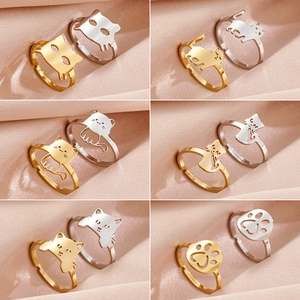 Bague En Acier Inoxydable Réglable Ouverte Chat Dessin Animé Patte Cœur Découpé Bijoux Minimalistes