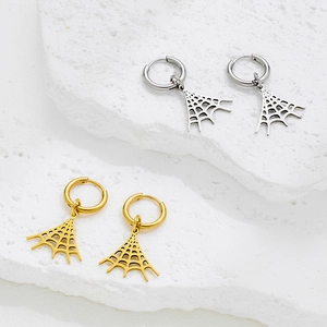 Gothic spider web dangle hoop earrings in gold and silver stainless steel set