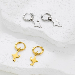 Polished stainless steel hoop earrings with star pendants in gold and silver finish