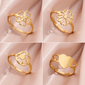Adjustable Stainless Steel Rings Hollow Flower Daisy Heart Soccer Pattern Fashion Jewelry For Women