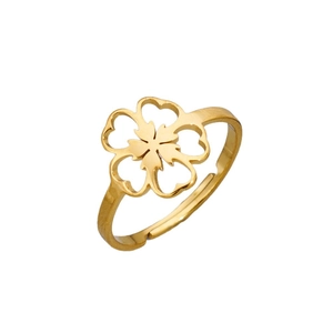 Adjustable golden stainless steel open ring with minimalist cutout cherry blossom design