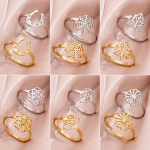 Hollow Flower Monstera Leaf Adjustable Open Ring 18K Gold Plated Stainless Steel Minimalist Bohemian Jewelry For Women