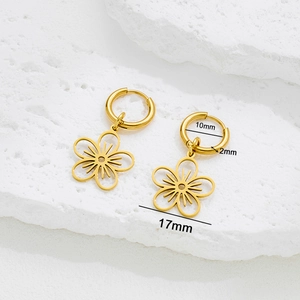 Gold stainless steel flower pendant hoop earrings with 10mm inner diameter and 17mm charm