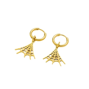 Golden stainless steel spider web hoop earrings with gothic design for Halloween