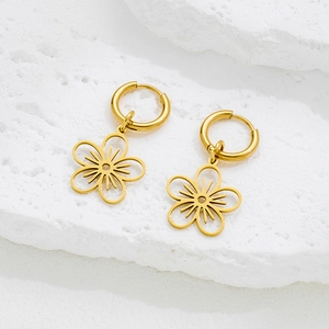 Stainless Steel Hollow Flower Pendant Hoop Earrings Bohemian Vintage Floral Design Jewelry For Women Elegant Gift