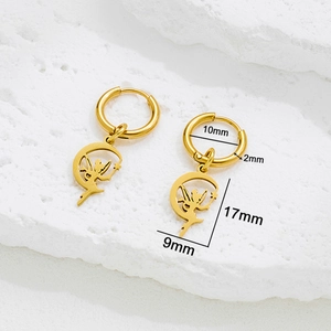 Golden moon fairy angel stainless steel hoop earrings with precise dimensions shown