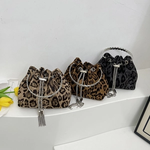 Leopard print bucket bags with metal ring handles and chain straps in three colors