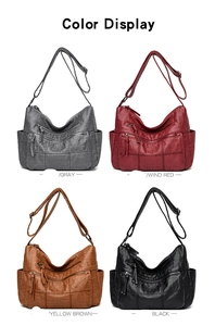 Color display of large capacity vintage soft leather handbags in gray, red, brown and black