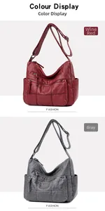 Detail of vintage soft leather crossbody bags in wine red and grey with tassel zippers