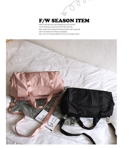 Pink and black nylon fitness bags with separate shoe compartments and gold hardware