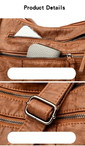 Detail of retro brown leather bag showing metal zippers and adjustable shoulder strap