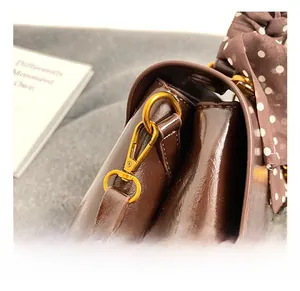 Macro view of a dark brown leather bag with golden metal hook and polka dot silk ribbon