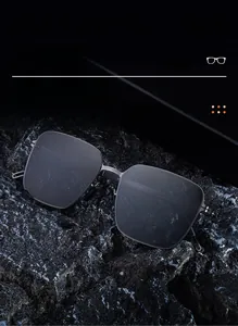Detail of square polarized sunglasses with gunmetal frame on black stone base