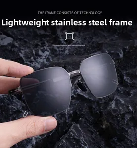 Macro detail of lightweight grey stainless steel square frame sunglasses held by hand