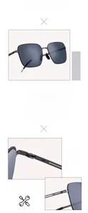 Detail of square polarized sunglasses featuring screwless hinge and no-welding technology