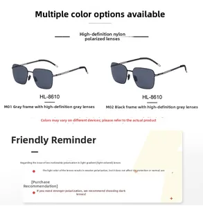 Detail view of HL-8610 square polarized sunglasses with nylon lenses in grey and black