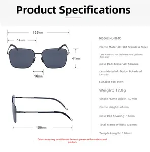 Detailed size chart for square polarized men's sunglasses showing frame dimensions