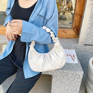 Creamy white scrunchie pleated hobo bag in soft PU leather for women's summer fashion