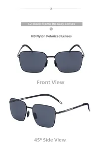 Detail view of square black metal frame sunglasses with gray HD nylon polarized lenses