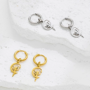 Golden and silver stainless steel hoop earrings with moon fairy pendants set of two pairs